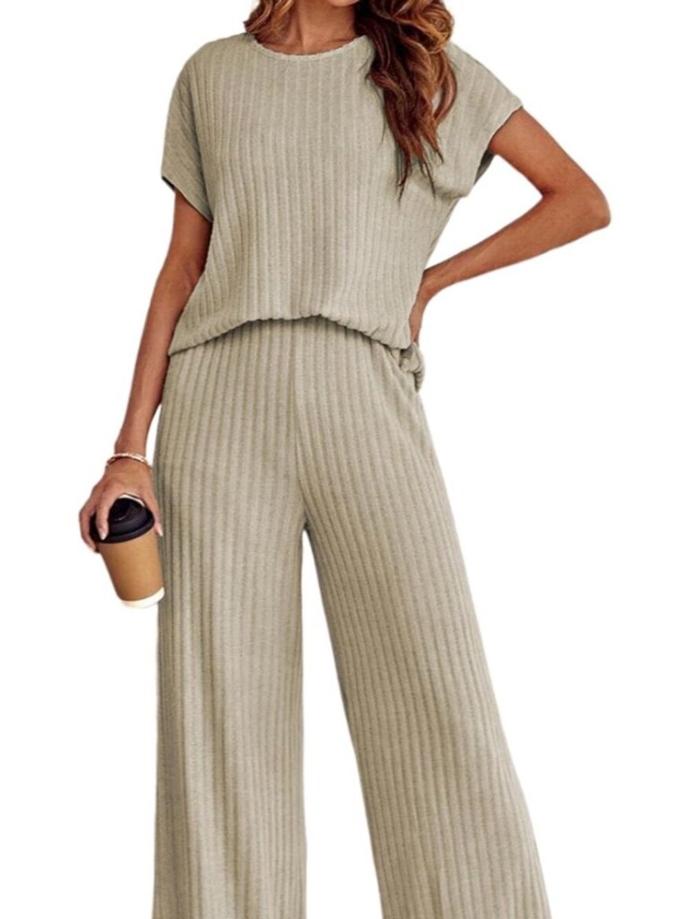 LTSCNRM Women's 2two Piece Outfits Sweater Sets Casual Loose Knit Crewneck Short